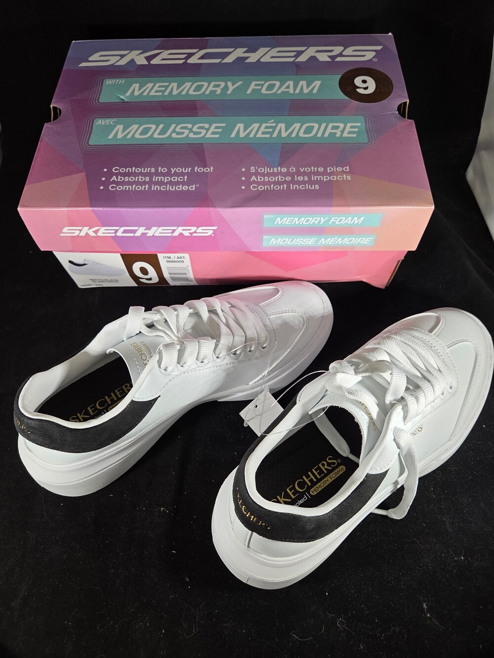 Skechers Women's Court Classics Memory Foam Sneakers, White & Black, Size 9, NIB